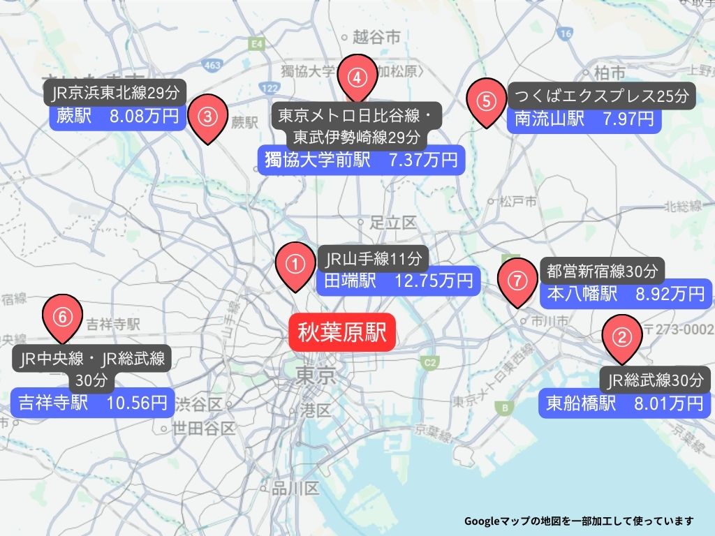 秋葉原まで30分圏内!電車一本(乗り換えなし)で行ける穴場駅は?一人暮らし・二人暮らし・ファミリー向けの賃貸相場の画像02