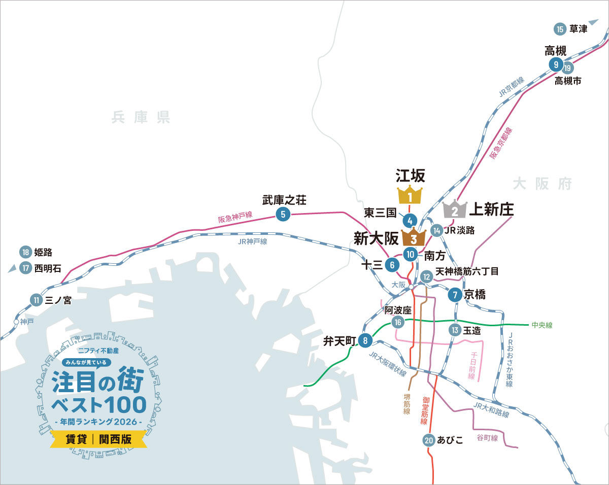 ＼みんなが見ている／注目の街ベスト100！年間ランキング2026｜賃貸・関西版